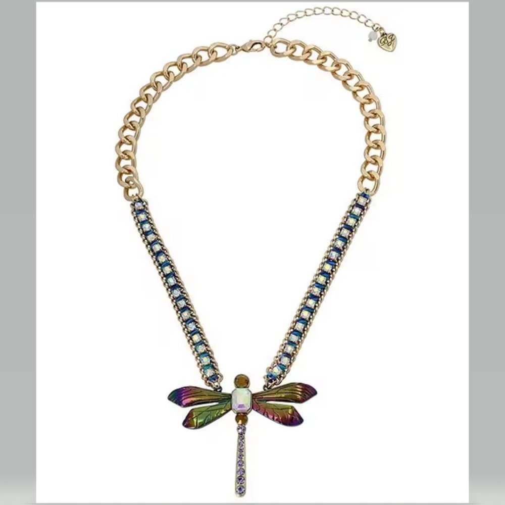 Betsey Johnson Dragonfly Pendant Short Woven Stones Statement Necklace NWT